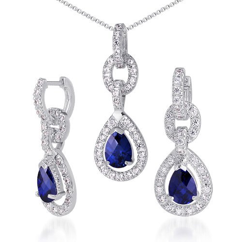 Peora 6 Carats Total Created Blue Sapphire Teardrop Earrings Pendant Necklace Set For Women 925 Sterling Silver, Pear Shape With 18 Inch Italian Chain #TOP11