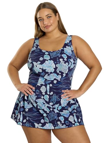 Sporti Plus Size Swim Dress for Women Swimsuit, Tummy Control Suit, Mom Bathing Suit Dress Sun Protection, Conservative Fit