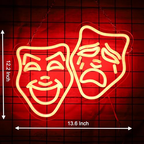 Image of Theater Mask Neon Sign for Home Theater Room Decor Comedy Tragedy Theater Masks Wall Art for Movie Classroom Room Decor Theater Masks lamp