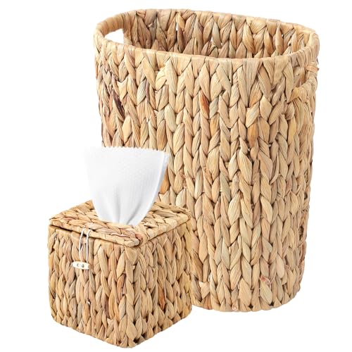 Water Hyacinth Trash Can 15L & Wicker Square Tissue Box, Handwoven Waterproof Waste Basket with...