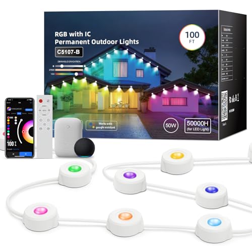 Smart Permanent Outdoor Lights, RGB with IC + White(6000K), Under-Eave Lighting, 100ft/72 LEDs/IP67 Light / IP65 Controller, 111+ Scenes, Music Sync, Alexa/Google, Wi-Fi/Voice/Remote Control