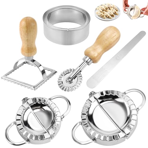 Jeinbuil Lot de 7 moules à ravioli en acier inoxydable pour raviolis et Maultaschen avec découpeur à raviolis et rouleaux à pâte pour la fabrication de...