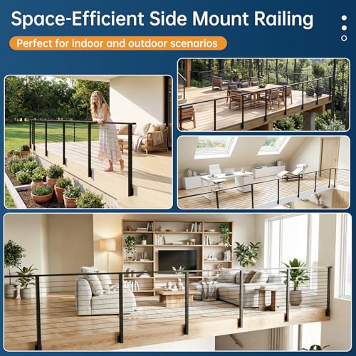 Image of Side Mount Cable Railing Post 36 inch (Post Body 44 inch), Level Drilled Space-Saving Rail Post with 11 Holes, Stainless Steel Fascia Mount Cable Railing Kit System, Black Indoor Outdoor Deck Post