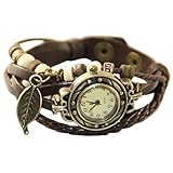 【アンティーク風 レザー ブレスレット ウォッチ リーフ チャーム付】本革 ベルト クォーツ腕時計 (ダークブラウン)