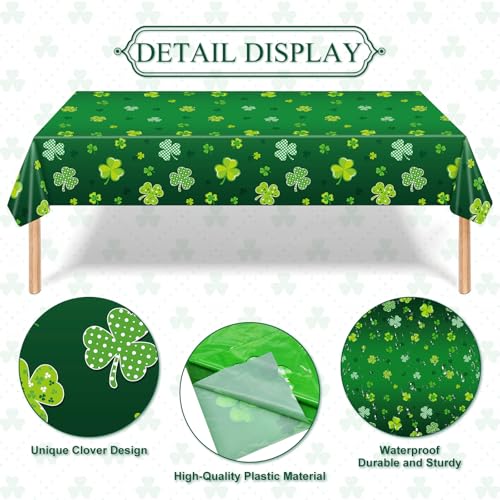 Image of 3 Pack 54 x 108 Inch St. Patrick's Day Plastic Tablecloth - Green with Assorted Shamrock Designs, Disposable Irish-Themed Clover Rectangle Table Cloth for Indoor Outdoor Table Cover Decorations