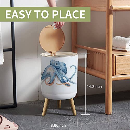Image of Small Trash Can with Lid Watercolor Hand Drawn of Octopus in Blue Color Isolated on White Garbage Bin Wood Waste Bin Press Cover Round Wastebasket for Bathroom Bedroom Office Kitchen