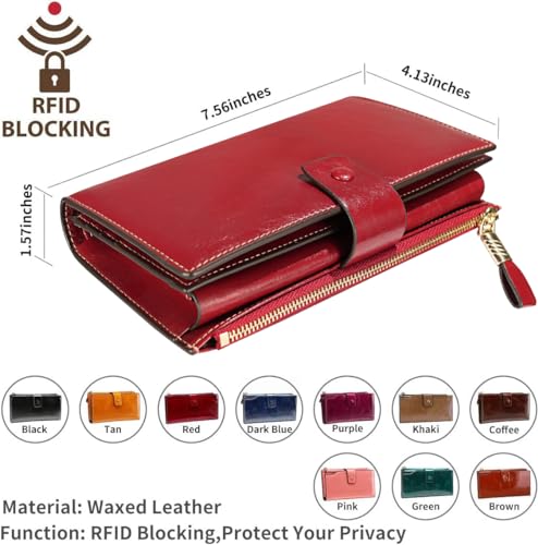 Image of Itslife Womens RFID Blocking Large Capacity Luxury Wax Genuine Leather Wallet Clutch Ladies Card Holder, Red