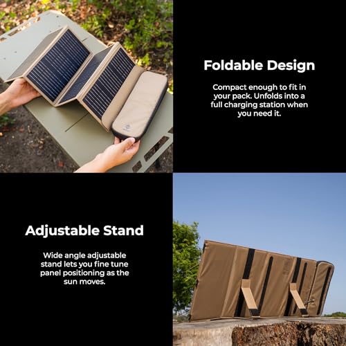 Image of NESTOUT Portable Solar Panel, USB-C and USB-A Ports, 28W Solar Charger for Camping, Water Repellent Ripstop Nylon, Foldable Compact Design, Digital Ammeter, Adjustable Stand, Beige (4 Panel)