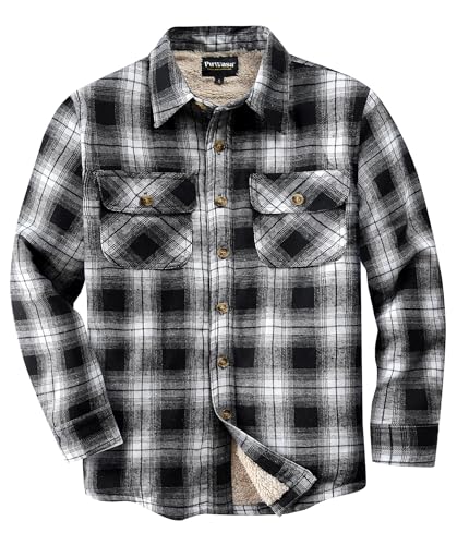 Men's Sherpa Lined Cotton Flannel Shirt Jacket Button Down Long Sleeve Fleece Jacket for Men