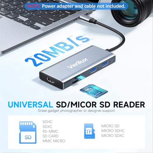 Image of Verilux USB C Hub 9 in 1 USB C Hub 4K@60Hz HDMI Converter USB C SD /TF Card Reader Travel USB C Hub Support 100W PD Fast Charging & 5 Gbps Data Transmisson Universal USB C Hub for PC, Laptop, PS