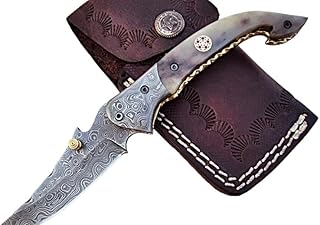 Limited Edition - FNA-32 Custom Handmade Damascus Steel Folding Knife - Beautiful Camel Bone Handle with Damascus Steel Bolsters - Poshland