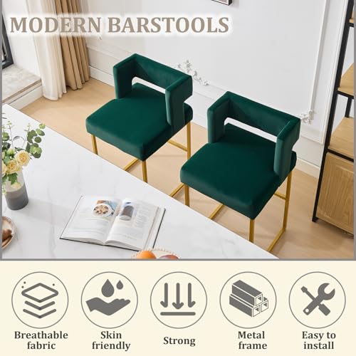 Image of 26 inch H Velvet Bar Stools Set of 6, Counter Height Bar Seats with Square Back, Modern Upholstered Armless Barstools with Metal Gold Legs for Kitchen Island Dining Room Bar, Green