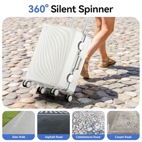 Image of Carry On Luggage, Hardside Zipperless Suitcase, Ivory White, 20 in | Airline Approved, Aluminum Frame, TSA Lock, 360Spinner Wheels, PC, Charger Port, Cup and Phone Holder, Side Hook