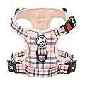 PoyPet No Pull Dog Harness, [Release on Neck] Reflective Adjustable No Choke Pet Vest with Front & Back 2 Leash Attachments, Soft Control Training Handle for Medium Dogs(Checkered Beige,M)