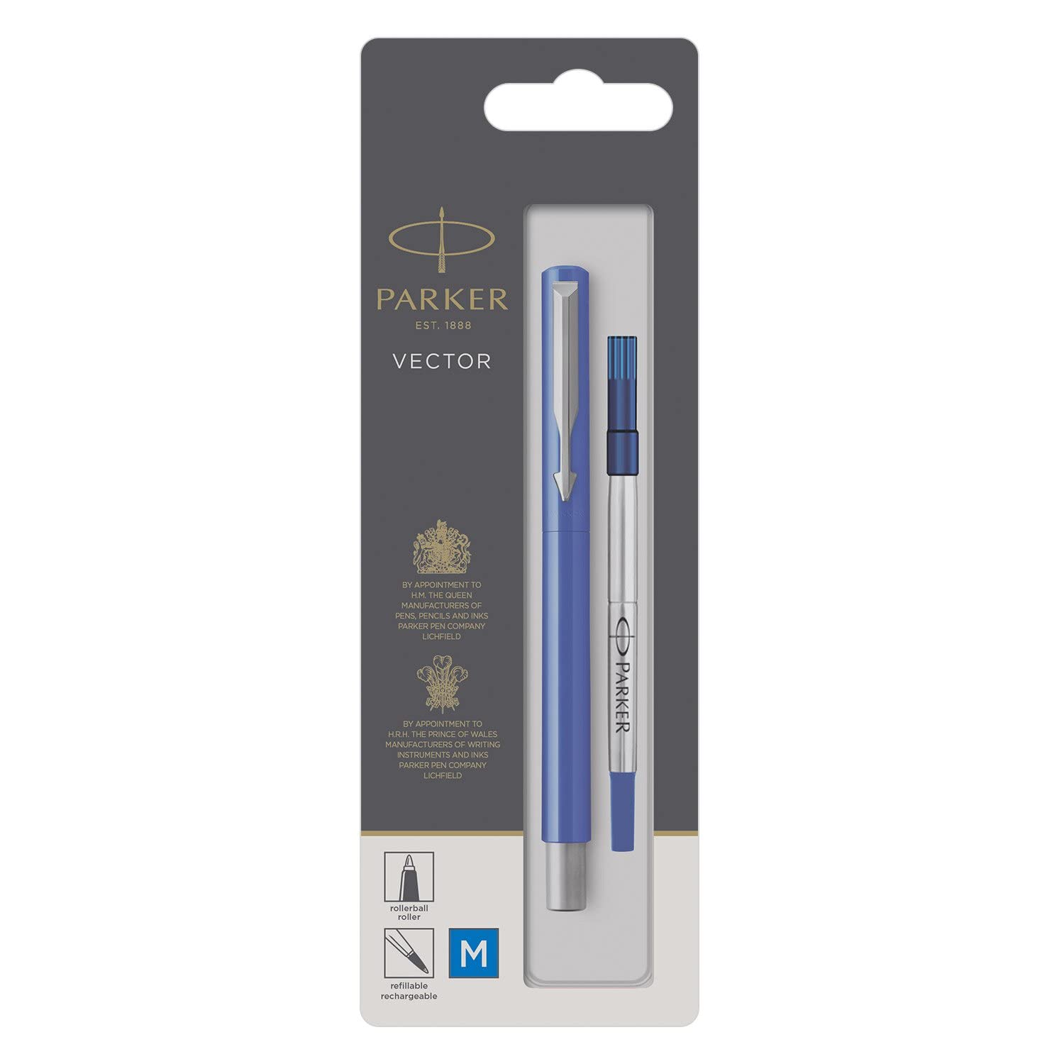 Medium Point Vector Rollerball Pen, Blue with Chrome Trim, Blue Ink, Blister Pack