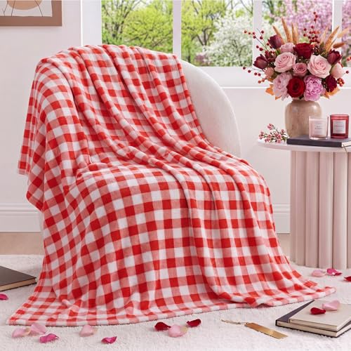 Fanfanwin Dark Red Gingham Throw Blanket for Couch 50x60 Inch Checkered Plaid Flannel Blanket for Sofa Bed Soft Cozy Throw for Farmhouse Boho Neutral Home Decor All Seasons Gift
