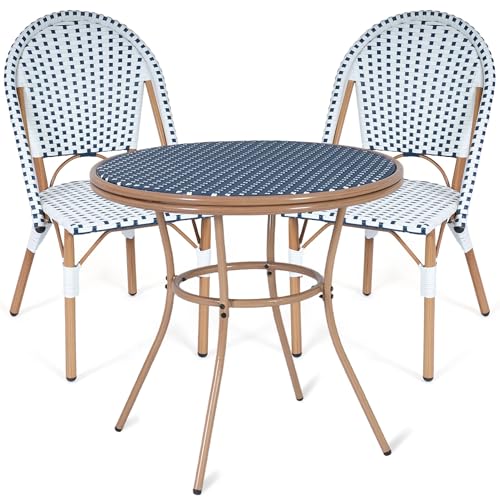WENTUM 3-Piece Patio Dining Set Outdoor French Country Bistro Table and Chairs All-Weather Wicker Round Table & 2 Chairs w/Metal Frame for Backyard Balcony Blue/White
