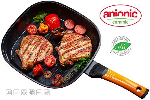 Oursson, Sartén Grill de Aluminio fundido con recubrimiento cerámico 26 x 26 cm, Rectangular, Antiadherente, 4,8 cm de altura, Color naranja, PF2652C/OR