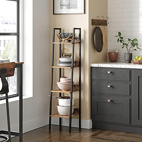 VASAGLE Ladder Shelf, 4-Tier Home Office Bookshelf, Freestanding Storage Shelves, for Living Room Bedroom Kitchen, Steel Frame, Easy to Assemble, Industrial, Rustic Brown and Black LLS108B01