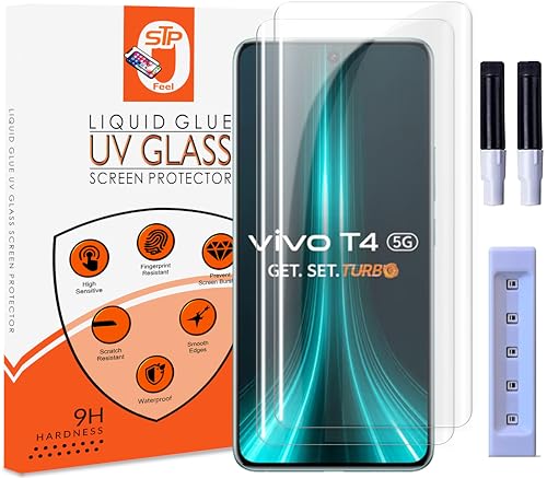 Image of STP FEEL Premium UV Tempered Glass Screen Protector Guard Compatible For Vivo T4 5G (6.77 Inch, Pack of 2) Full Adhesive UV Curved Case Friendly HD Clarity with easy installation kit for Smartphone