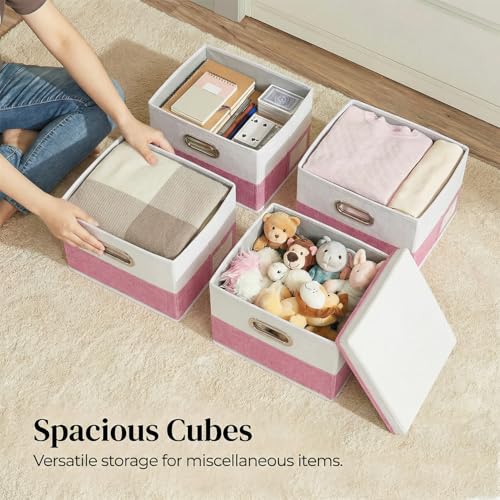 Image of PRANDOM Storage Bins with Lids [3-Pack] Linen Fabric Foldable Storage Boxes Organizer Containers Baskets Cube with Cover for Bedroom Closet Office Pink&White（11.4X8.6X6.7