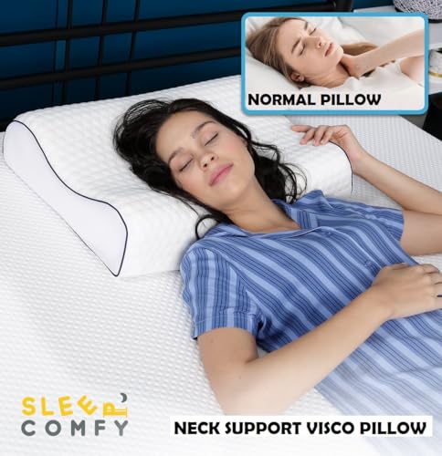 SLAAP COMFORTABEL MET HET BESTE NEKKUSSEN - Premium Visco HWS nekkussen, 60 x 40 x 14/12 cm, hoofdkussen met overtrek, neksteunkussen, traagschuim, ergonomisch, orthopedisch...