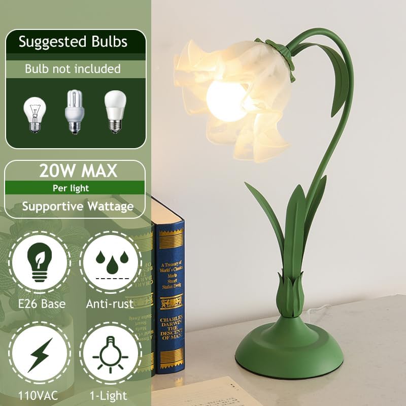 Miniatura 3 de DJAMEL Lámpara de mesa de cristal verde, lámparas de mesa de flores, moderna forma floral, hoja de metal con pantalla de cristal, mesita de noche,