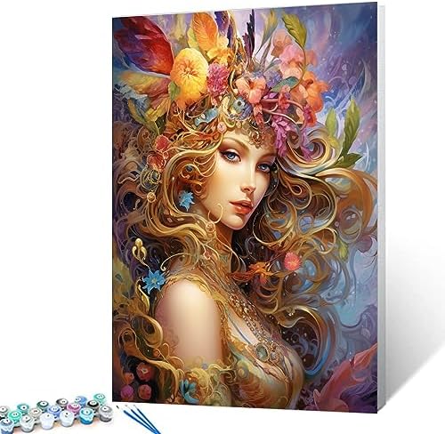 Tucocoo Beautiful Girl Paint by Numbers Kits with Brushes and Acrylic Pigment on Canvas Painting for Adults, Flowers Fairy Woman Arts Crafts Project for Home Wall Decor Gifts 16”x20” (DIY Framed)