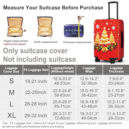 Image of Golden Tree Luggage Cover - Shimmering trees, bells, and holly leaves on a red background, an elegant holiday design, suitable for 32-34 inch suitcase extendable protective cover