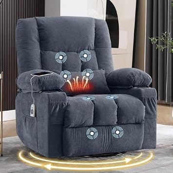 Massage Swivel Recliner Chair with Vibration Massage and Lumbar Heating for Adults,Oversized Rocker Recliner Single Sofa with Side Pocket,Two Cup Holders and USB Charge Port for Living Room