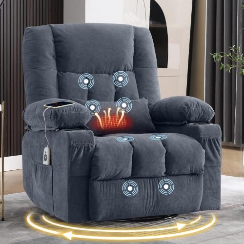 Massage Swivel Recliner Chair with Vibration Massage and Lumbar Heating for Adults,Oversized Rocker Recliner Single Sofa with Side Pocket,Two Cup Holders and USB Charge Port for Living Room