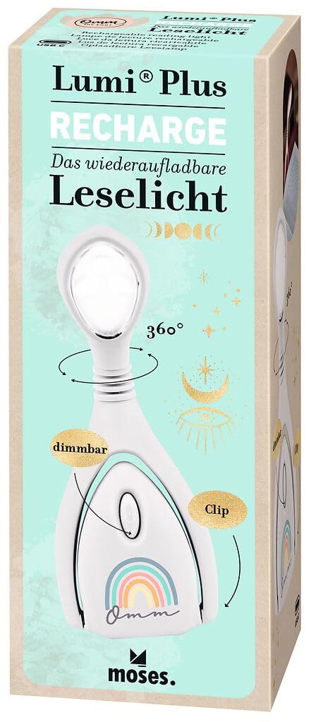 moses. Omm for you Leselicht Lumi Plus Recharge Rainbow – dimmbare LED-Klemmleuchte, wiederaufladbar, flexibel schwenkbar, mit Regenbogen-Design