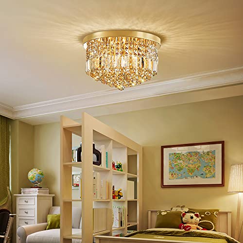 Saint Mossi 22002 Modern K9 Crystal Raindrop Chandelier Lighting, Flush Mount, Perfect for Dining Room Bedroom; 9 x E12 Bulb Base; Height 11" x Diameter 20"; Champagne Crystal & Gold Finish