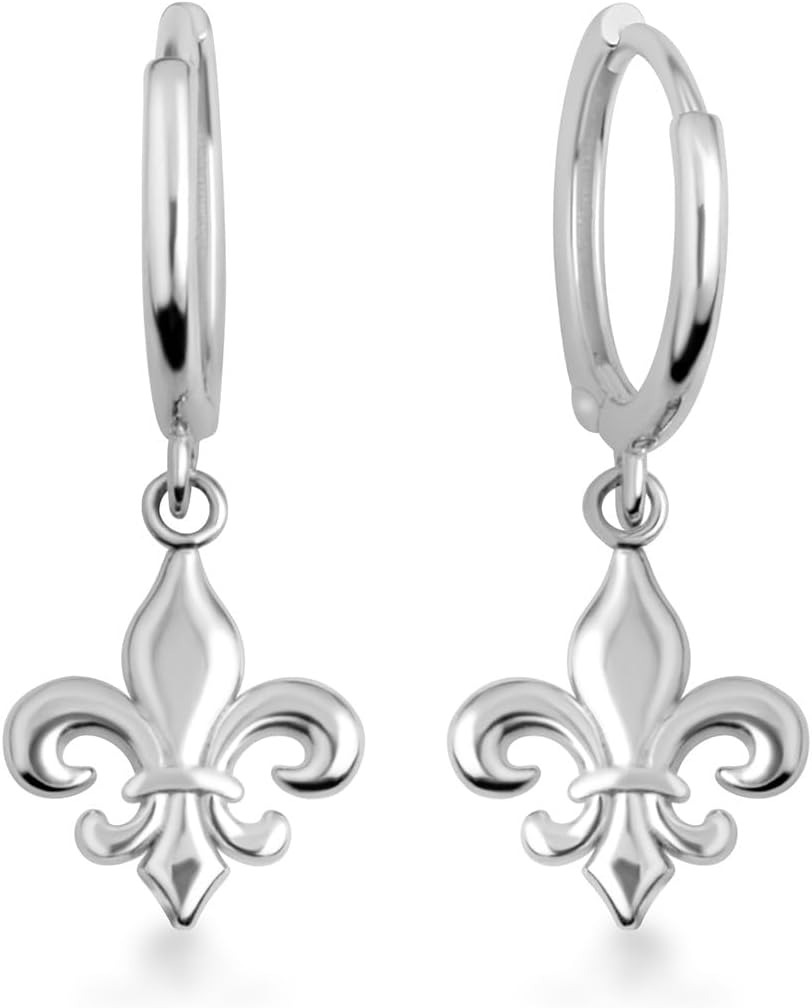Ladies .925 Sterling Silver French Fleur-de-Lis Stud Earrings or Drop Huggie Hoop Earrings