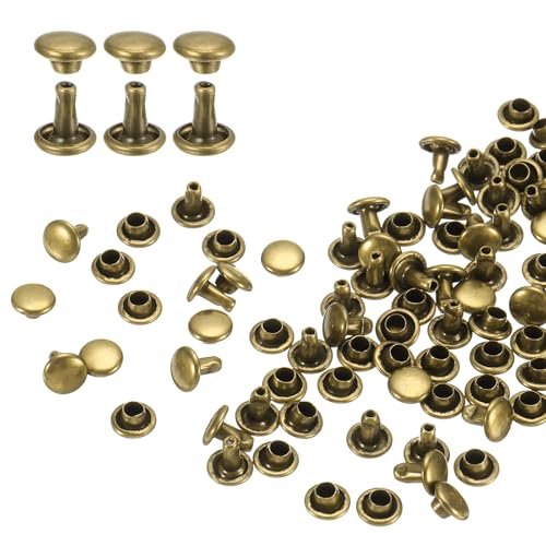 QUARKZMAN 100 Sets Doble Tapa Remaches de Cuero, Remaches Metálicos Tubulares Redondos de 6x6mm para Cuero Artesanía, Decoración de Cinturones Collares para Mascotas, Botas y Bolsos, Bronce