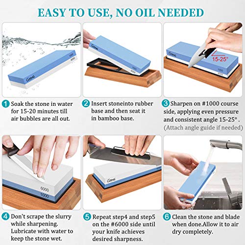 Whetstone Knife Sharpening Stone Set,G-TING 1000/6000 Grit Whetstone Sharpener Includes Non-Slip Angle Guide,Polishing Tool, Bamboo Base for Kitchen,Pocket Knives,Blades,Hunting