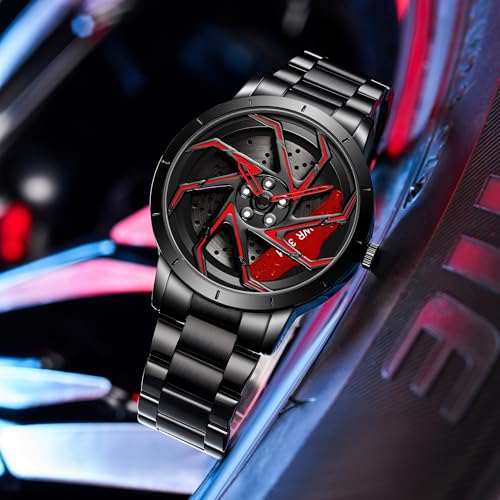 Image of FANMIS Men's Racing Car Wheel Watch 3D Spinning Dial Stainless Steel Watch | Creative 3D Spinning Car Quartz Large Skeleton Face and 30M Water Resistance Designed for Car Fans and Daily Wear.