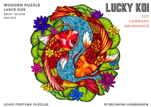 Belonging Homeware 200 Pcs Lucky Koi Animal Shaped Puzzle With Box Stand - 13 X 12 Inches Wooden Jigsaw Puzzle For Adults - Challenging Wooden Animal Puzzle Kit #TOP5