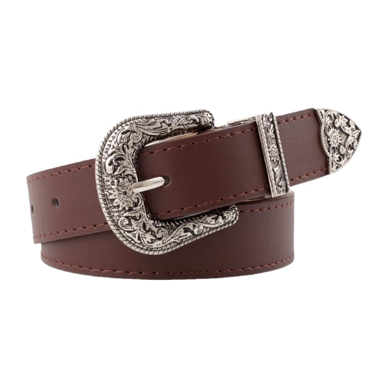 Xiao Hua Unisex Classic Leather Jean Belt with Vintage Ornate Buckle, 46.45in(118cm) Length, Ideal for Daily & Casual Wear(Coffee