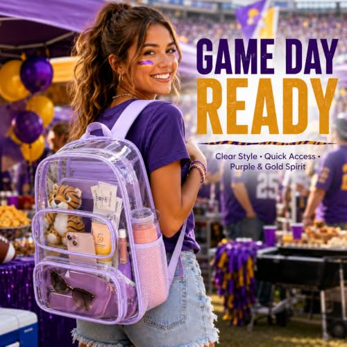 Image of BTOOP Clear Backpack Heavy Duty Transparent Backpack 17 inch See Through Bookbag for College Work Festival Security Padded Strap (Purple)