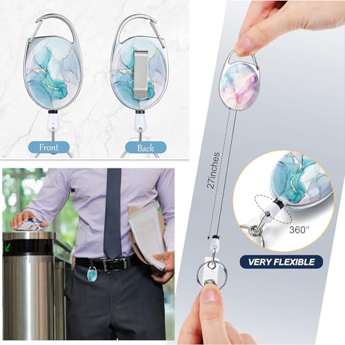 ZALHIN 3 Pieces Badge Reel with Marble Motif, Retractable Key Rings, Nurse Badge Holder, Bus Card Holder, Child Card Holder - Image 3