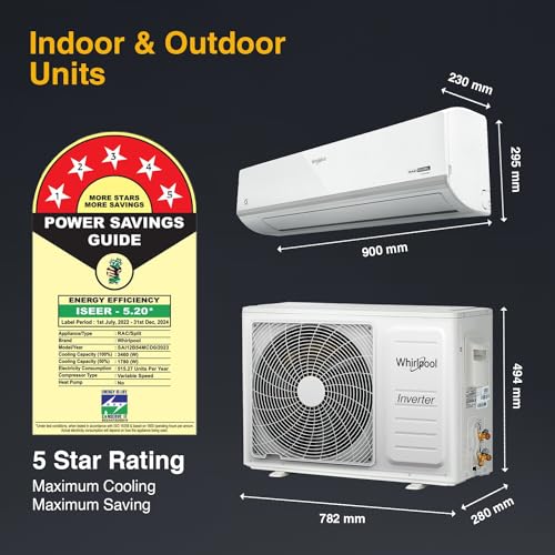 Image of Whirlpool 1 Ton 5 Star, Magicool Inverter Split AC (MAGICOOL 10T 5S INV CNV S4I1AD0, Copper, Convertible 4-in-1 Cooling Mode, HD Filter White)
