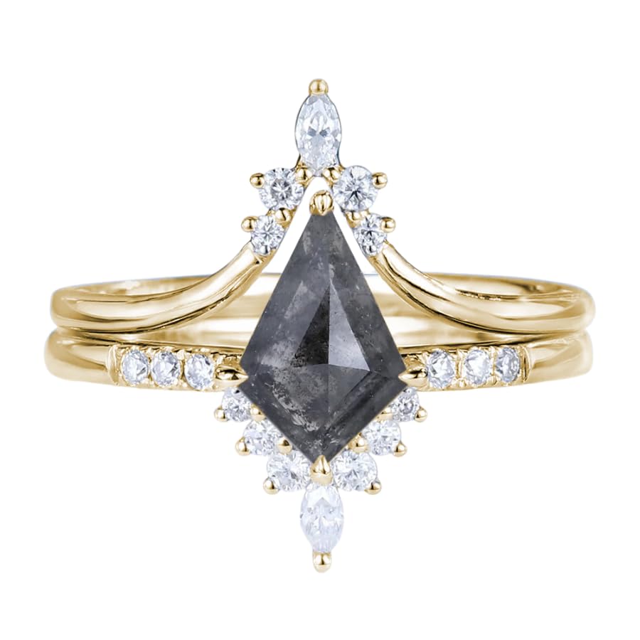 2 Pcs Vintage Salt and Pepper Diamond Ring for Women 1.5 Ct Kite Cut Salt and Pepper Engagement Ring Set 925 Sterling Silver 10K 14K 18K Gold Salt and Pepper Bridal Set4