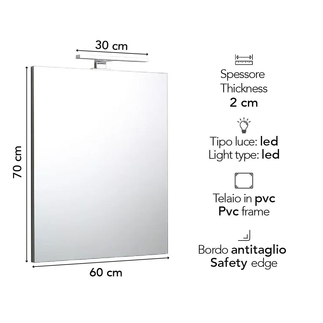 Kiamami Valentina - Specchio Bagno A Filo Reversibile 60X70 Con Lampada Luce A Led