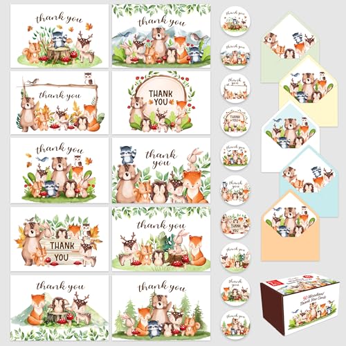 Decorably 50 Pack 6x4in Woodland Thank You Cards with Envelopes and Stickers, 10 Folded Adorable Designs for Boys & Girls, Blank Inside - Kid's Party,...