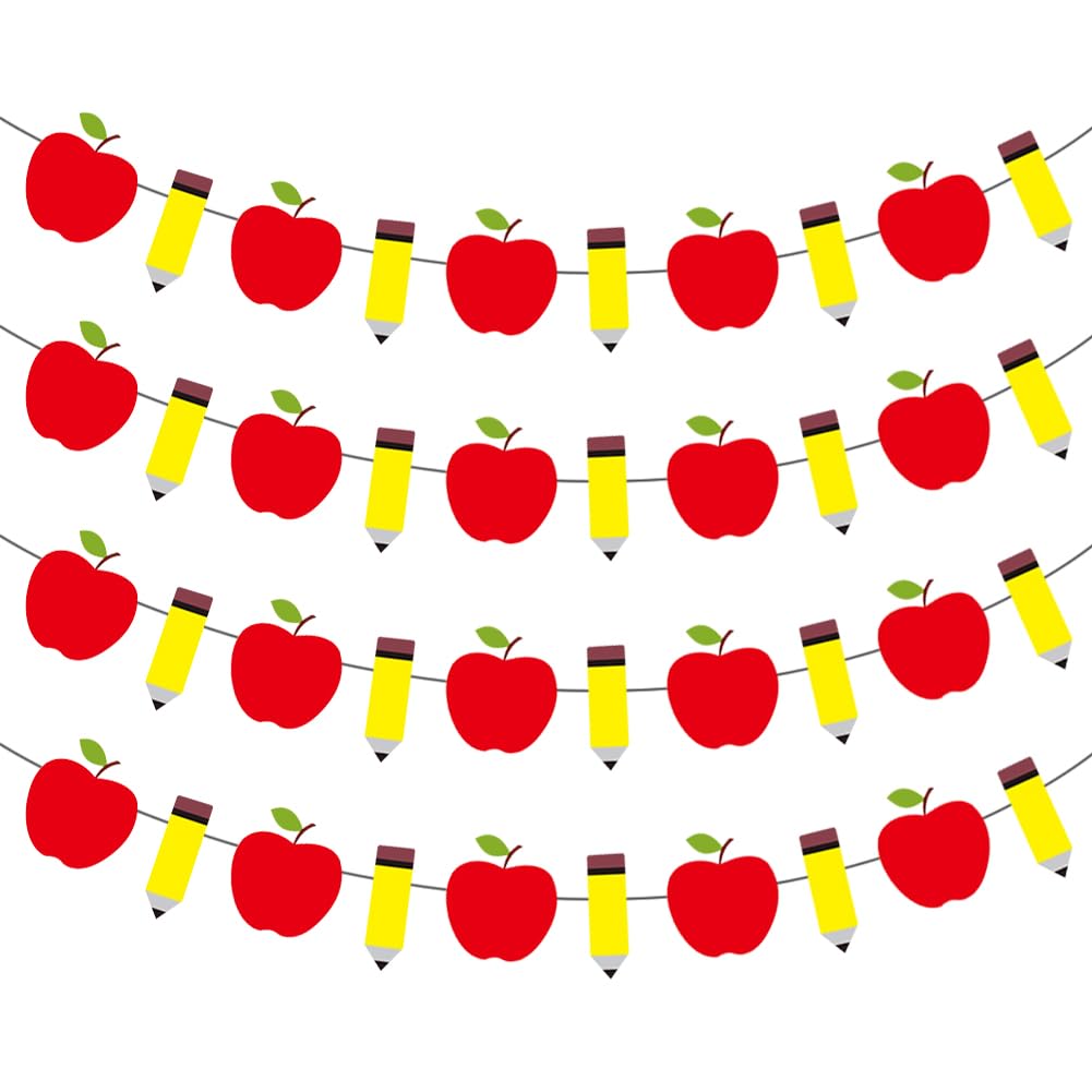 4 Pcs 5 m Pencil Apple Banner Welcome Back to School Banners First Day of School Garland Classroom Hanging Garlands Teacher Office Banners Decorative Bunting Garland for Kindergarten Decor