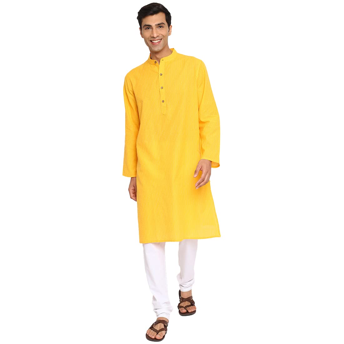 Fabindia Men's Cotton Dobby Relaxed Kurta (102884501_Yellow