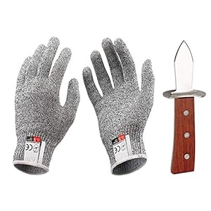 LdawyDE Oyster Knife Set, Oyster Shucker, Oyster Opener met Red Pear Wood Handle en 1 paar Level 5 snijbestendige handschoenen (XL), roestvrijstalen Oyster Shucker-set voor mossel- en zeevruchten