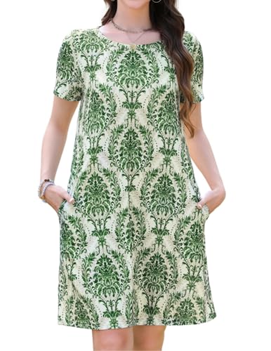 Zeagoo Damen Tshirt Kleid Knielang Leicht T Shirtkleid Rundhals Kurzarm Sommerkleid Lässig Kleider mit Taschen Sommer Grüne Blumen S