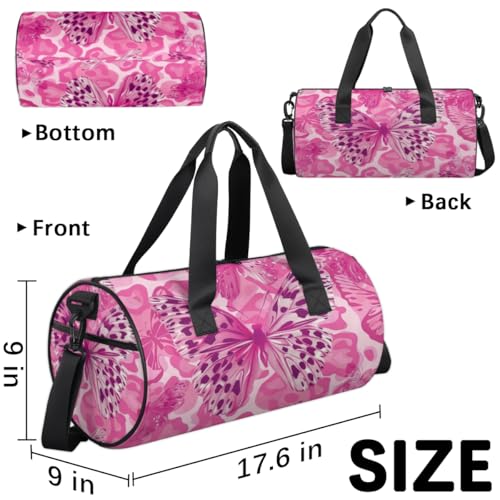 Leopard Pattern Butterflies Round Barrel Sports Fitness Bag, Pink Travel Luggage Bag, Reusable Handbag, Suitable For Men and Women3